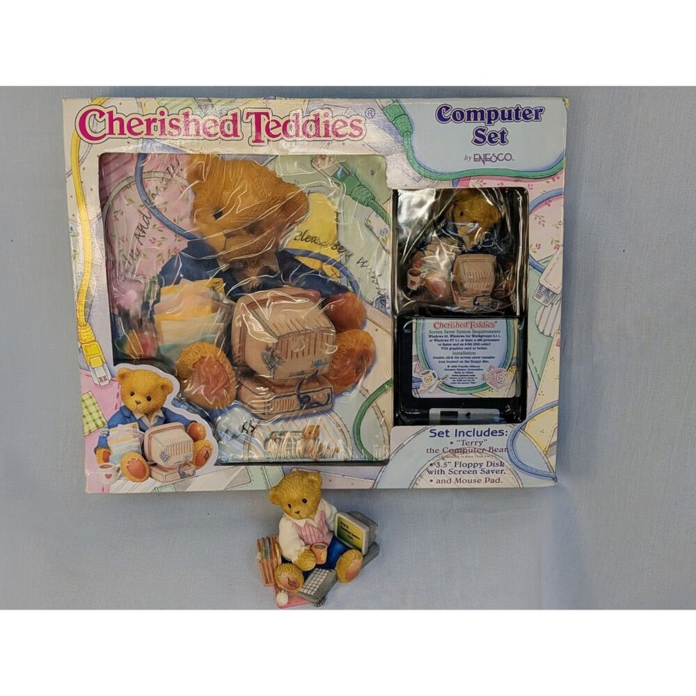 Vintage 1999 Cherished Teddies Computer Set Terry Bear Floppy Disk Mouse Pad Lot